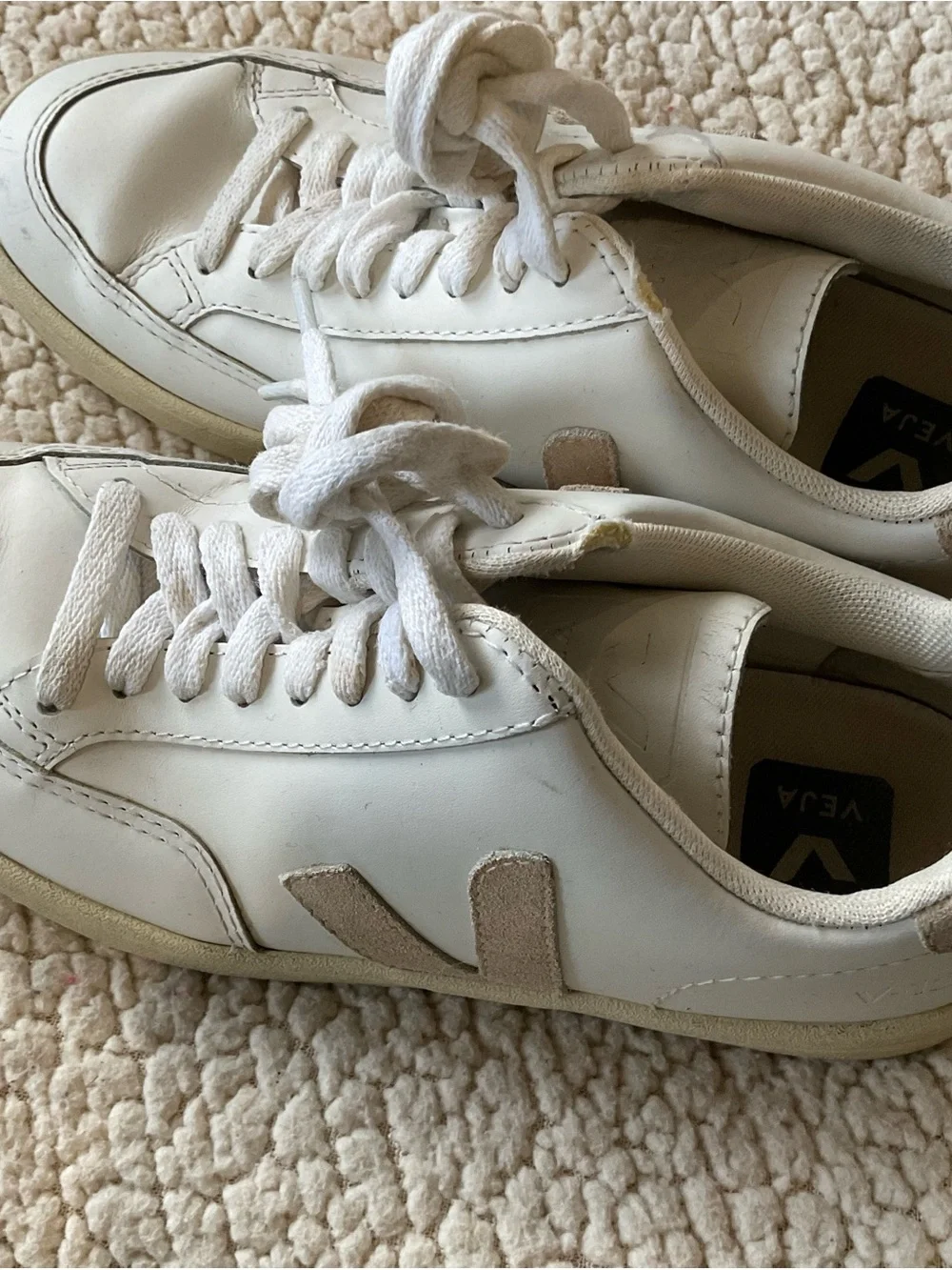 Veja Volley White Leather Sneakers with Beige Suede V Accent